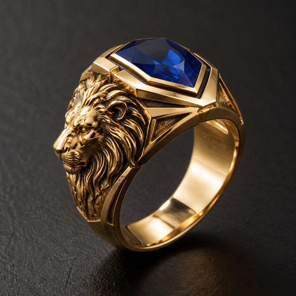 Gold men ring. From the one side head of lion. Blue rock on the top
photorealistic jewelry design, Gold men ring. From the one side head of lion. Blue rock on the top, modern style, just the design no text