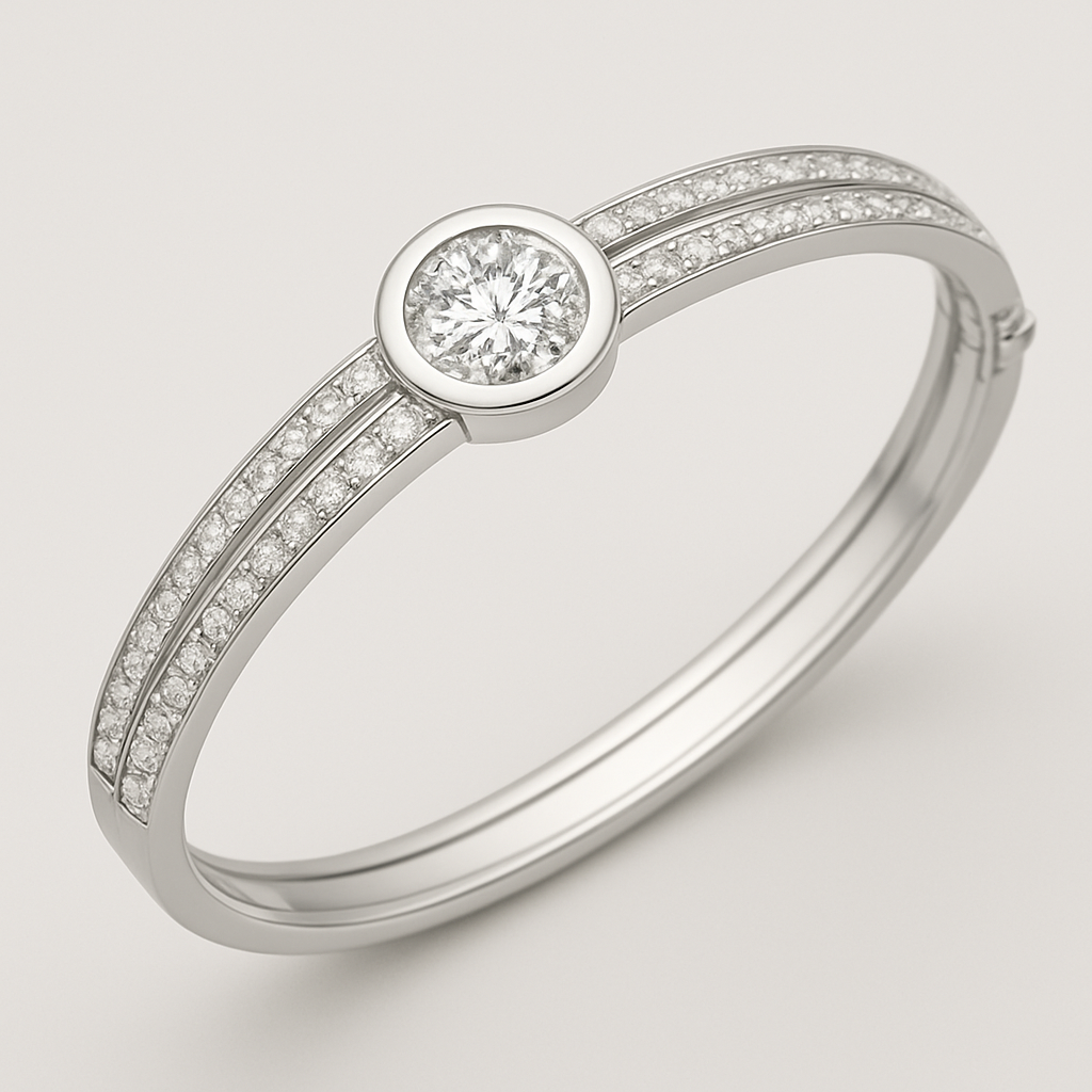 14kwg hinged bangle bracelet with split fishtail set diamond border and 8 mm round diamond bezel set between the outer rows