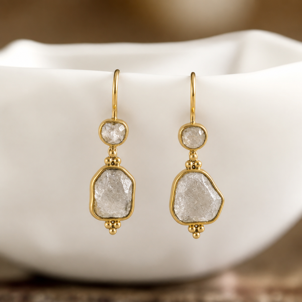 Light weight uncut polki diamond earring
photorealistic jewelry design, Light weight uncut polki diamond earring, minimalist style, just the design no text