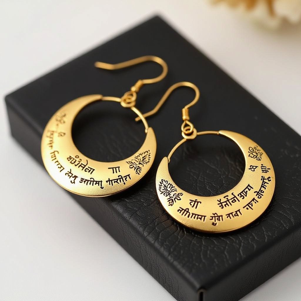 Серьги золотые в форме тонкого изящного полумесяца, полукруг как продолжение застежки, на полукруге надписи мантрами на санскрите