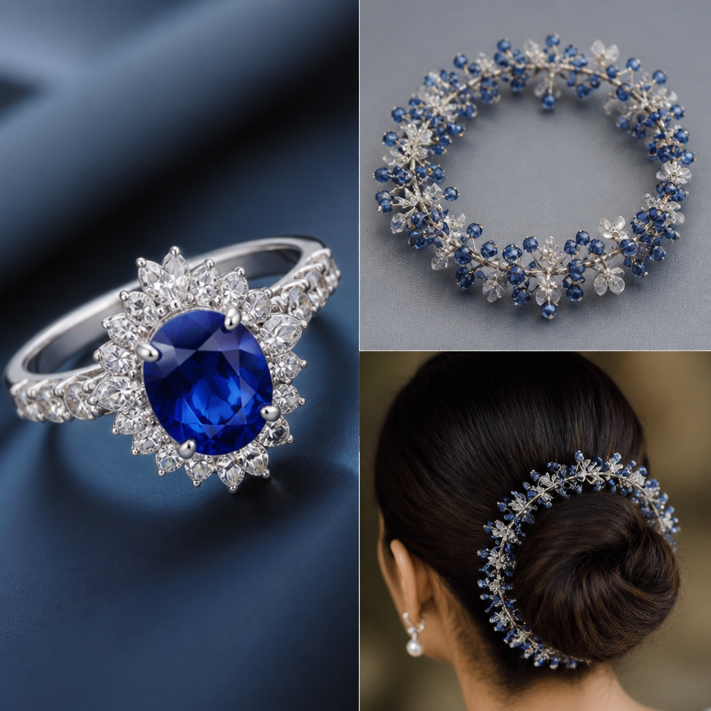 A luxury women's ring with sapphire stones suitable for wedding. a gajra with a blue colour sapphire a loose one which is tied back in the hair bun
photorealistic jewelry design, A luxury women's ring with sapphire stones suitable for wedding. a gajra with a blue colour sapphire a loose one which is tied back in the hair bun, luxury style, just the design no text