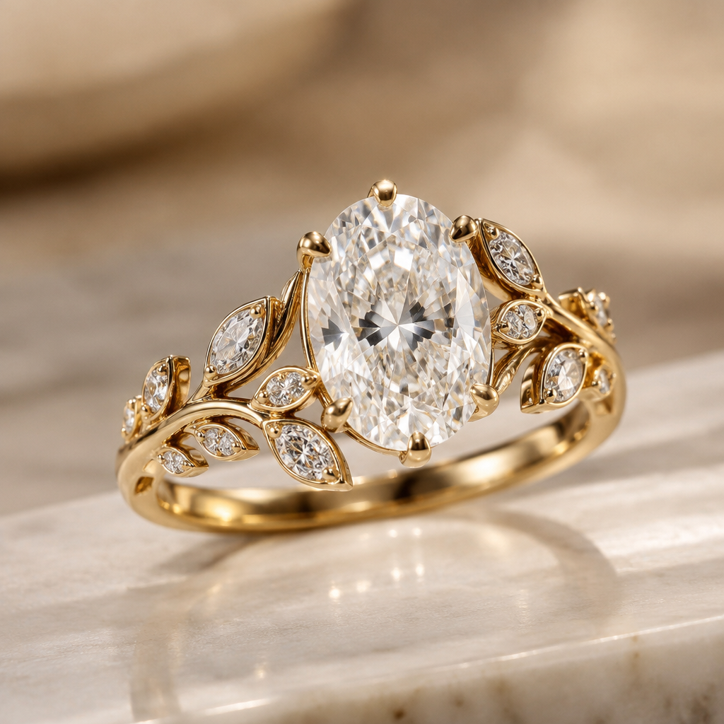 A modern women's ring made of gold with diamond stones suitable for engagement, detailed and decorative, moderately ornate. A beautiful gold ring with a unique design with a few smaller diamonds that looks like a vine , en then to finish it of eith a nice big oval shaped diamond in the middle
photorealistic jewelry design, A modern women's ring made of gold with diamond stones suitable for engagement, detailed and decorative, moderately ornate. A beautiful gold ring with a unique design with a few smaller diamonds that looks like a vine , en then to finish it of eith a nice big oval shaped diamond in the middle, modern style, just the design no text