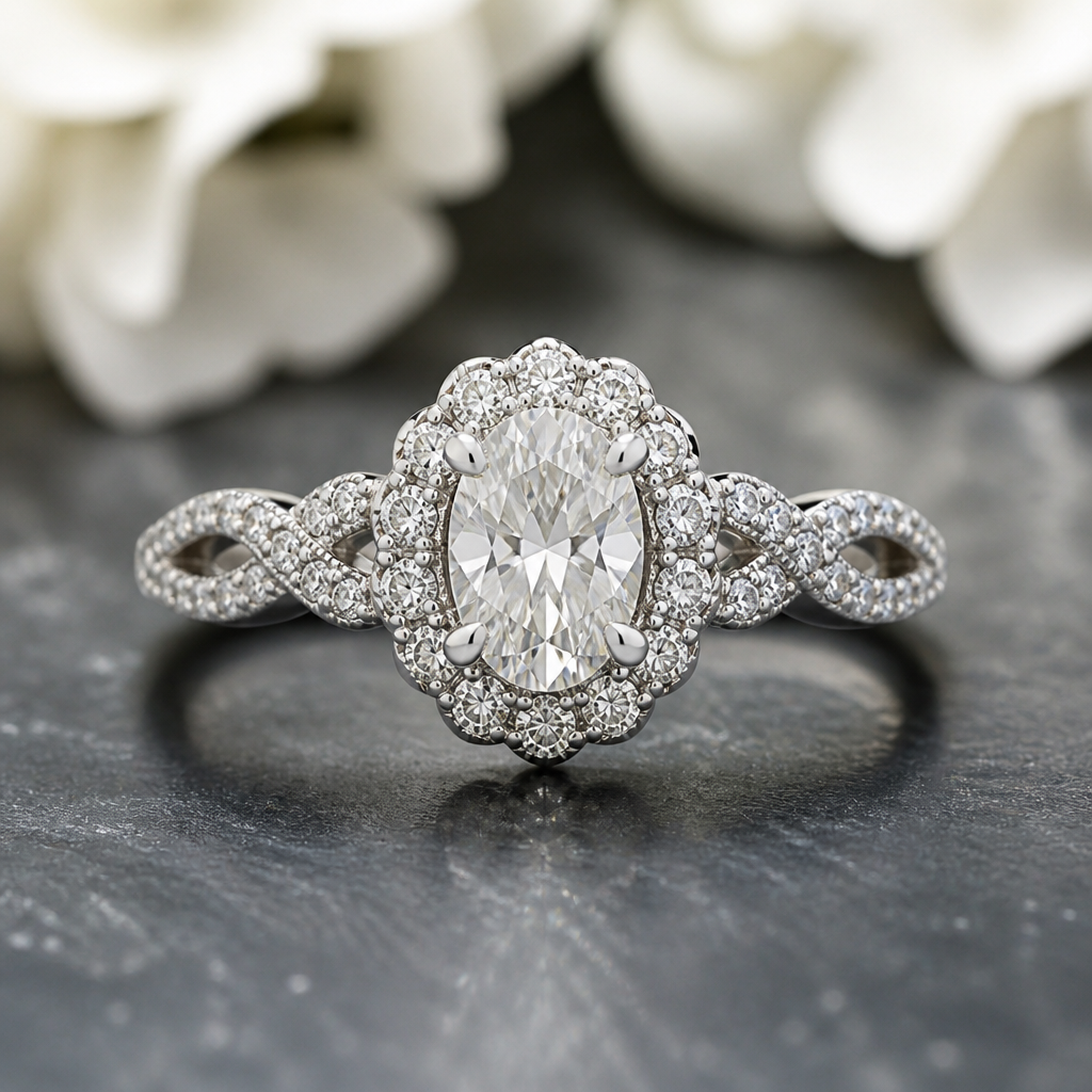 A halo women's ring with diamond stones suitable for wedding, detailed and decorative, moderately ornate. A 0.70-carat oval diamond is used as the center stone.
photorealistic jewelry design, A halo women's ring with diamond stones suitable for wedding, detailed and decorative, moderately ornate. A 0.70-carat oval diamond is used as the center stone., halo style, just the design no text