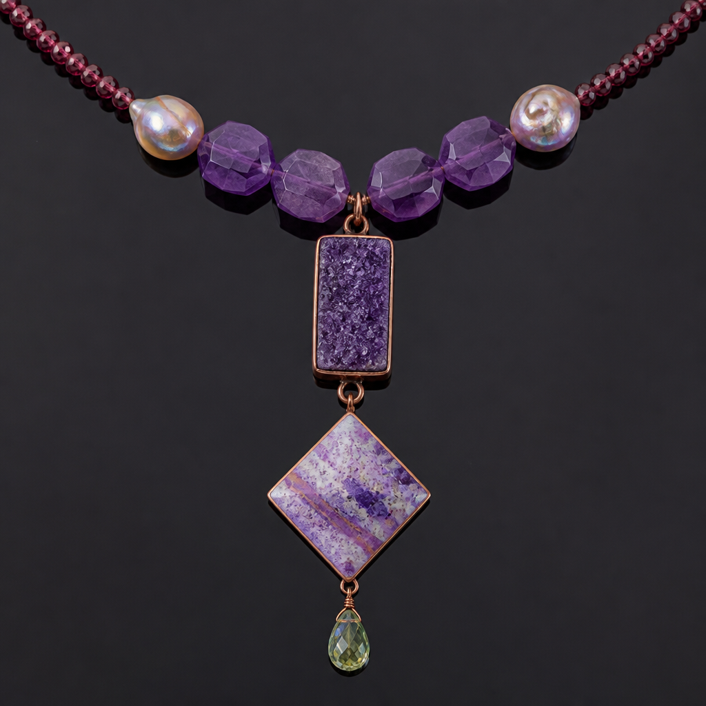 A women's necklace. create a necklace with a pendant that has a rectangular druzy amethyst with a copper enameled square that's hung diagonally below that that has an abstract enameled pattern of some speckles and some lines in white and different purples and lavenders, and a tiny teardrop that is translucent peridot color with AB coating. the pendant is hanging from some agatized faceted amethyst beads about 14 mm followed by some similar sized blister pearls followed by very fine faceted Garnet beads
photorealistic jewelry design, A women's necklace. create a necklace with a pendant that has a rectangular druzy amethyst with a copper enameled square that's hung diagonally below that that has an abstract enameled pattern of some speckles and some lines in white and different purples and lavenders, and a tiny teardrop that is translucent peridot color with AB coating. the pendant is hanging from some agatized faceted amethyst beads about 14 mm followed by some similar sized blister pearls followed by very fine faceted Garnet beads, modern style, just the design no text