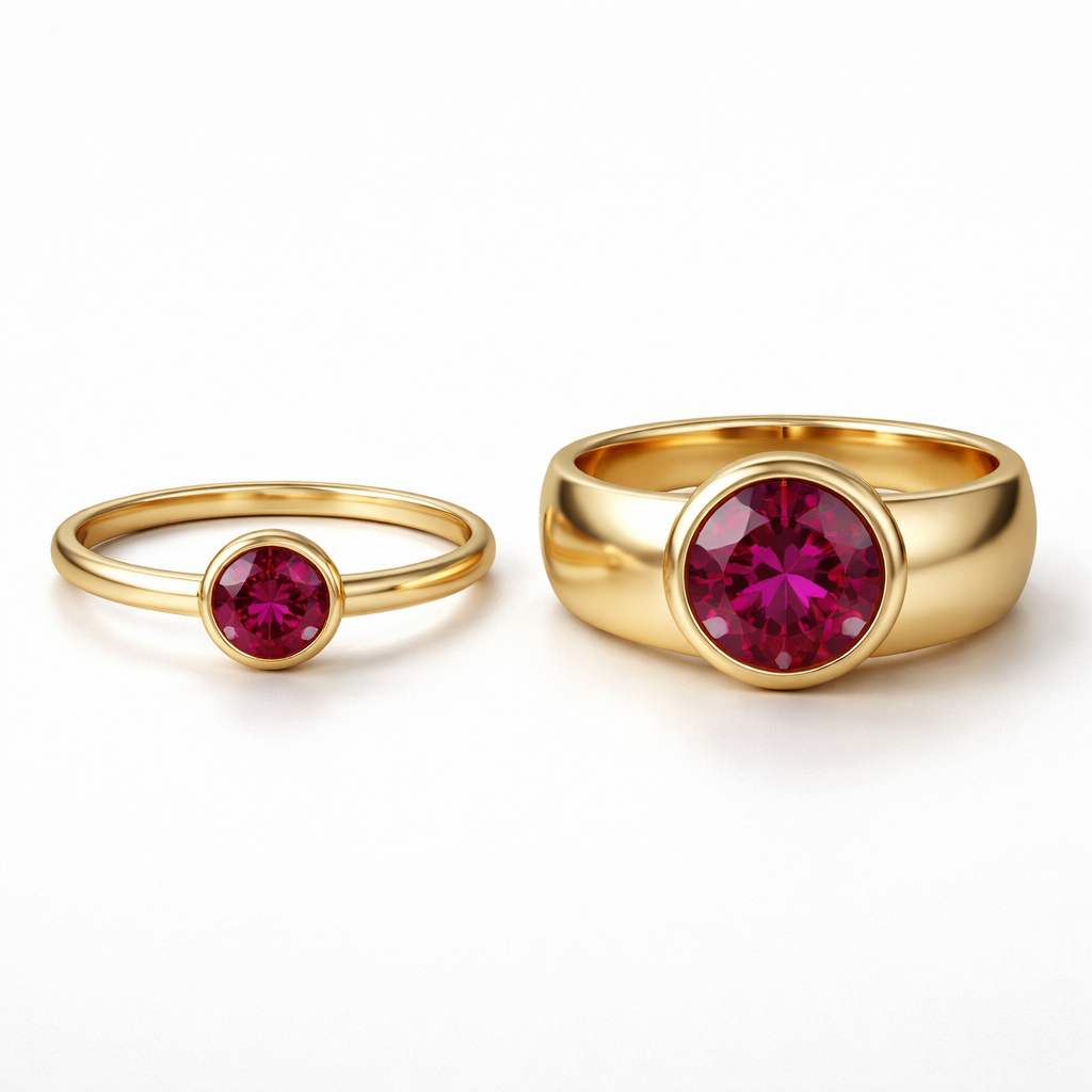 creat a mormal and havye cocktail ring
Minimalist jewelry: Normal and heavy cocktail ring, minimalist style. Gold ring, ruby. Clean lines, simple form, smooth finish.