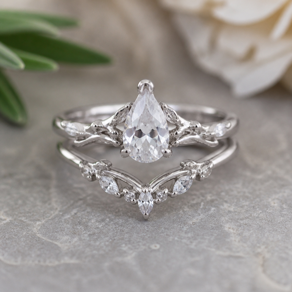 Two silver rings that can be worn together with a main white crystal and the lower ring v shaped
photorealistic jewelry design, Two silver rings that can be worn together with a main white crystal and the lower ring v shaped , nature_inspired style, just the design no text