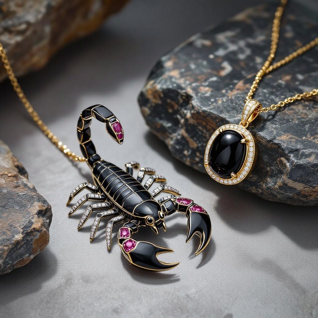 Creating completed set of Geomatric scorpion pendant of white and bkack and rubies diamonds gold accents for contrast. Incorporate a single, oval-cut gemstone-perhaps a striking emerald-set at an unconventional angle, creating a bold focal point that exudes contemporary elegance and sophistication. Envision a striking geometric scorpion pendant, intricately crafted with sharp angles in a combination of matte black and lustrous white metals. Accentuated with glittering ruby diamonds, the design features a single oval-cut emerald, expertly set at a daring tilt. This captivating piece marries edgy modernity with timeless elegance, perfect for bold fashion statements.The diamond is elegantly set in a sleek, minimalist rose gold frame that accentuates its brilliance. The modern aesthetic is enhanced with clean lines and asymmetry, making it a striking statement piece for the avant-garde wearer.