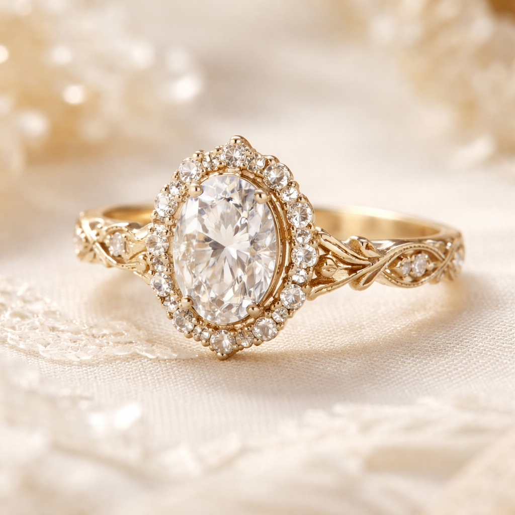 Gold vintage engagement ring oval diamond with a halo and hidden halo connected by a basket and a thin leaf eternity band and floral and art deco elements