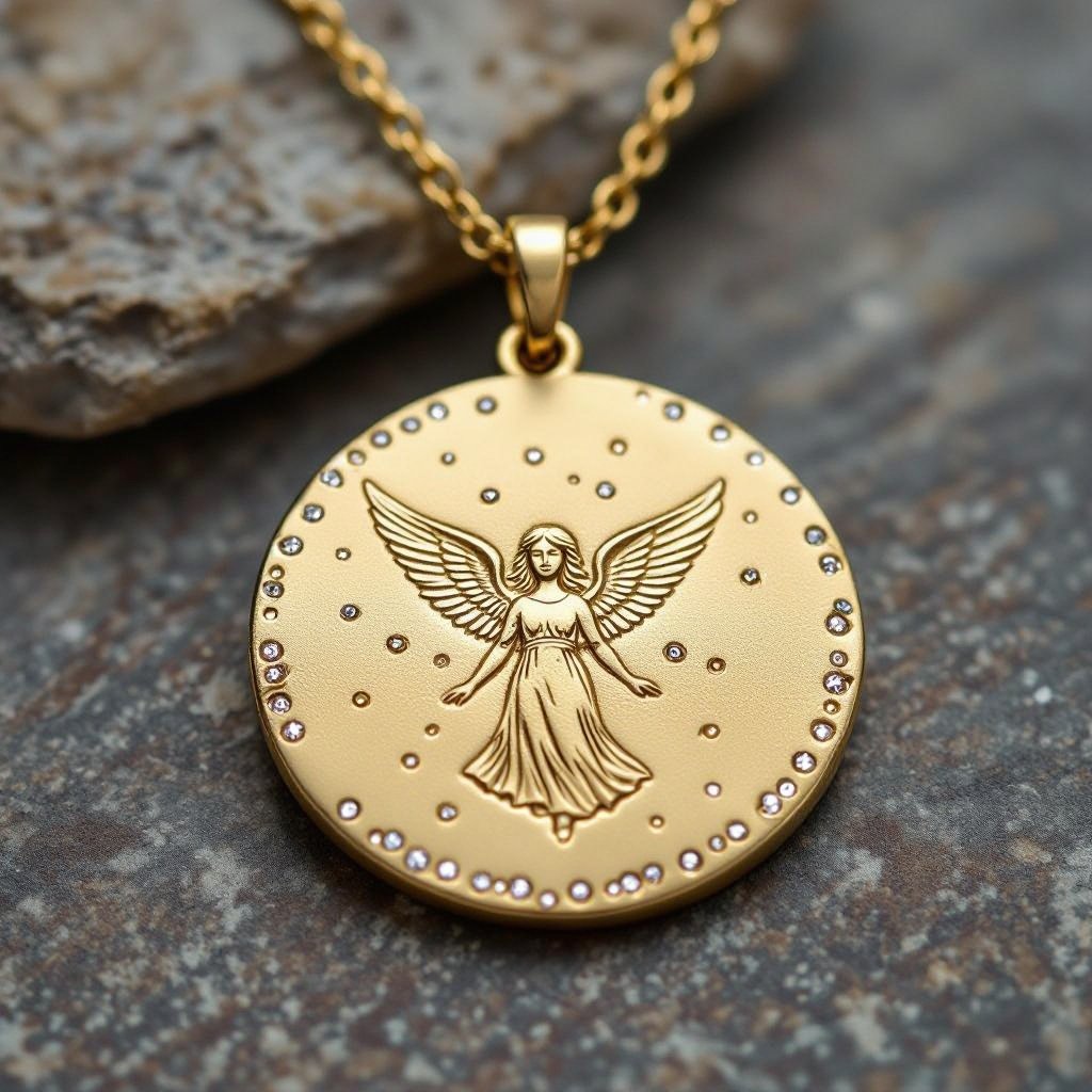 Золотой матовый медальон в форме круга с неровными краями. По краям выпуклые точки сплошной линией. На круге выгравирован ангел без фигуры, видно только крылья и украшен миниатюрными камнями