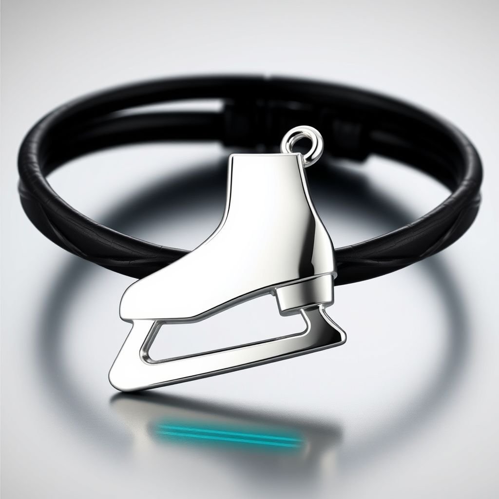 Bracelet black leather with silver ice skate and turquoise stripe inside the low thin part blade
