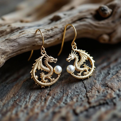 Золотые матовые серьги с изображением дракона узоры и жемчуг 