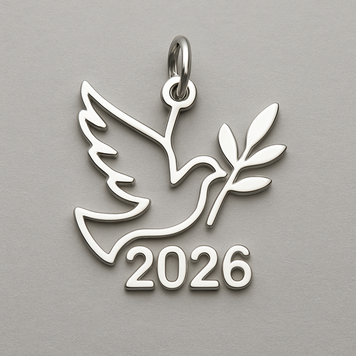 Silver cut-out charm blending together only the two spread out wings of a bird, an olive branch and  along year 2026