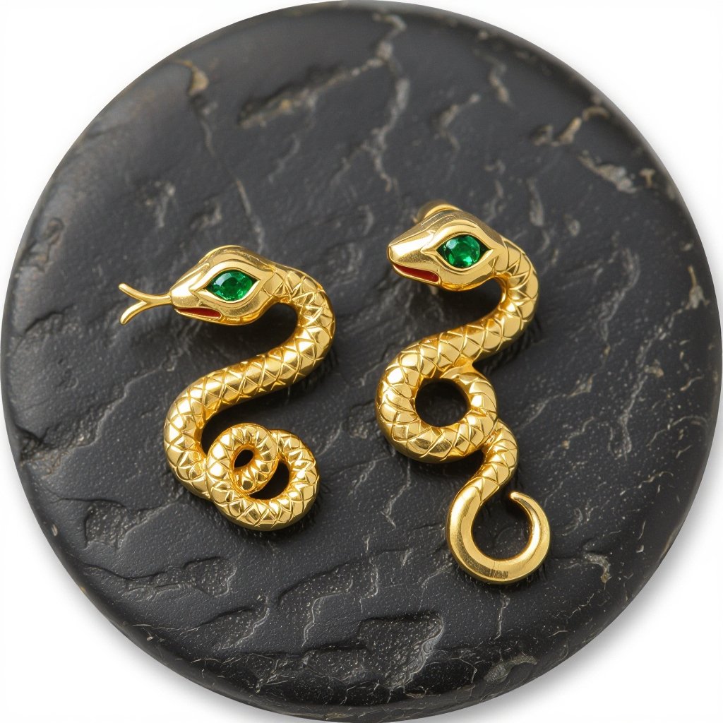 Небольшие золотые матовые серьги в виде символической змеи