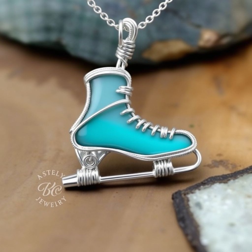 Silver Pendant shape one ice skate with turquoise stripe inside the low thin part blade
