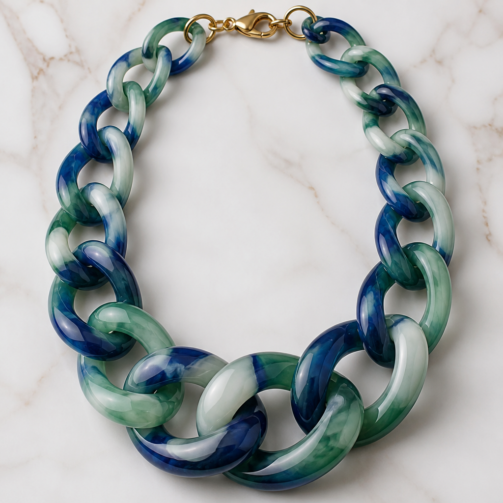 A women's necklace. Please make me a jewelry image of a chunky graduated necklace chain in translucent colorful swirls using only 3 colors
photorealistic jewelry design, A women's necklace. Please make me a jewelry image of a chunky graduated necklace chain in translucent colorful swirls using only 3 colors, modern style, just the design no text