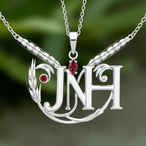 Create a stationary wheat necklace with a JNH initial beside each other with a Bezold set Ruby next to the J and a Bezzel set Garnet next to the H in a 20 in.² silver