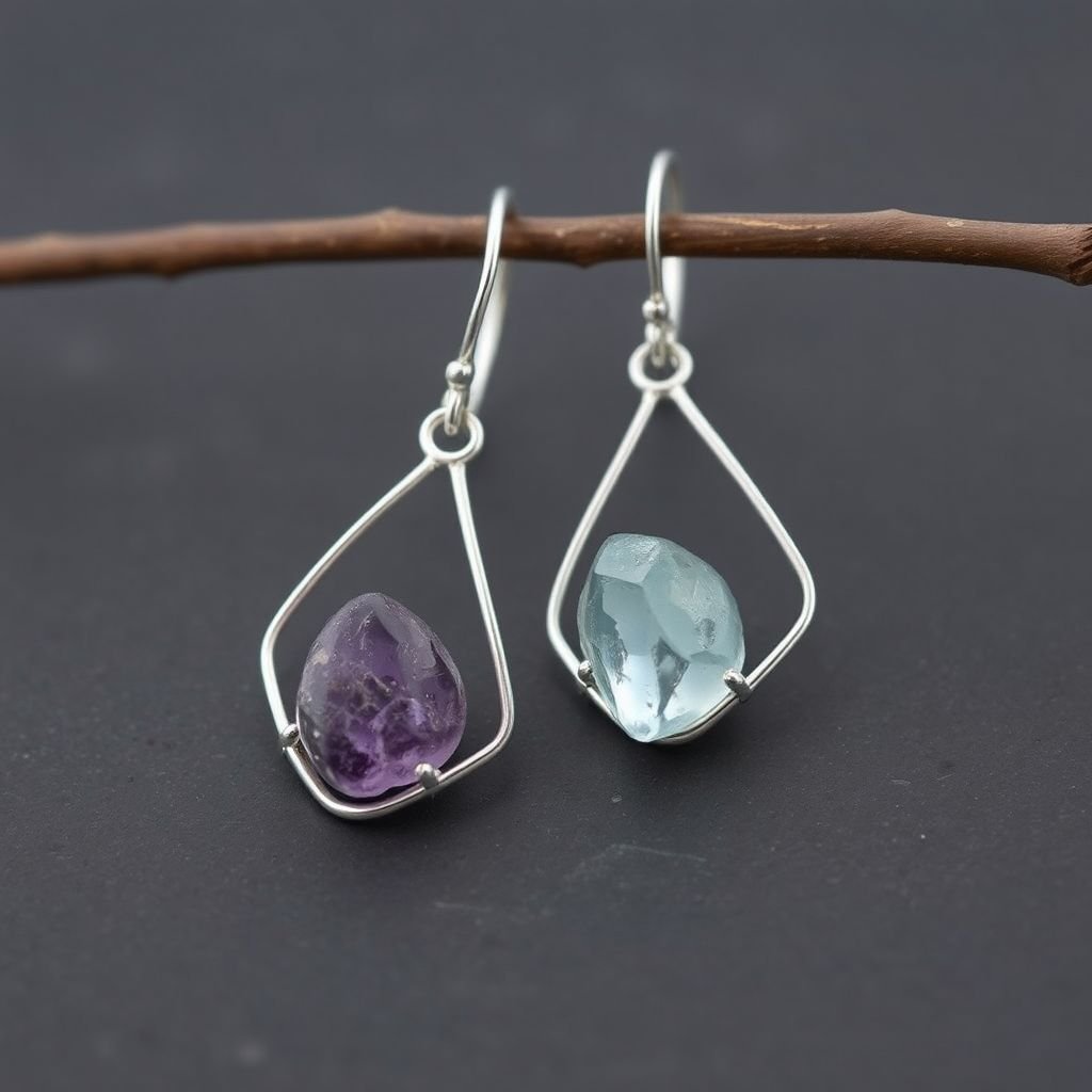 Earrings, Silver minimal, raw gemstone, elegant