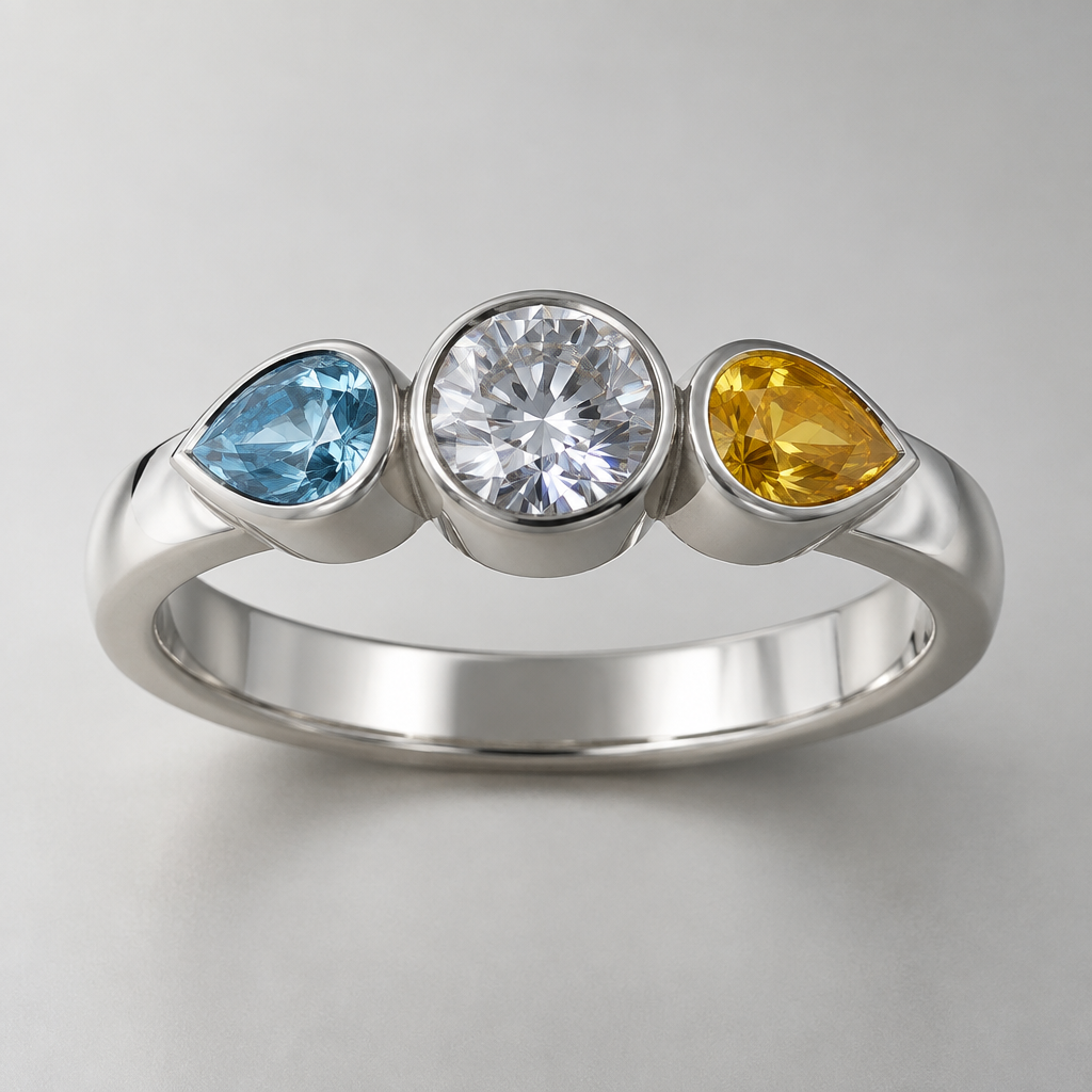A women's ring made of silver with diamond and topaz and aquamarine stones. silver ring with 3 czs in tube settings white 6mm white cz and 2 pear shape czs 4×3mm 1 on each side. 1 blue topaz and 1 citrin. in straight line wit 4mm band
photorealistic jewelry design, A women's ring made of silver with diamond and topaz and aquamarine stones. silver ring with 3 czs in tube settings white 6mm white cz and 2 pear shape czs 4×3mm 1 on each side. 1 blue topaz and 1 citrin. in straight line wit 4mm band, modern style, just the design no text
