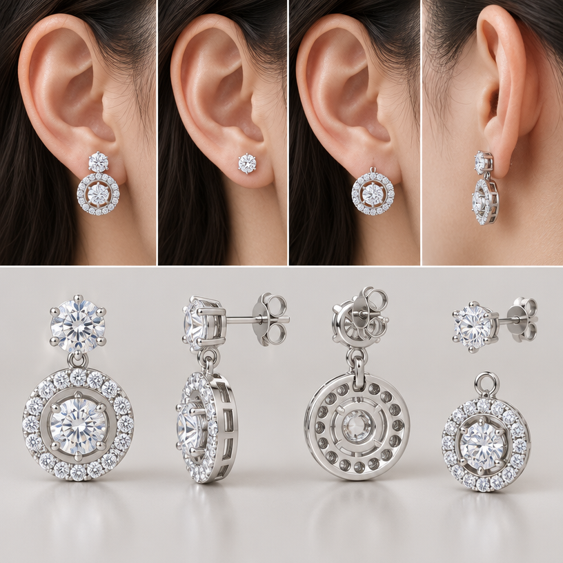 A women's earrings. สามารถถอดออกเป็นส่วนๆได้, อ่อมให้หู,4 views
using the attached image as a visual reference, create A women's earrings. สามารถถอดออกเป็นส่วนๆได้, อ่อมให้หู,4 views. photorealistic, just the design no text