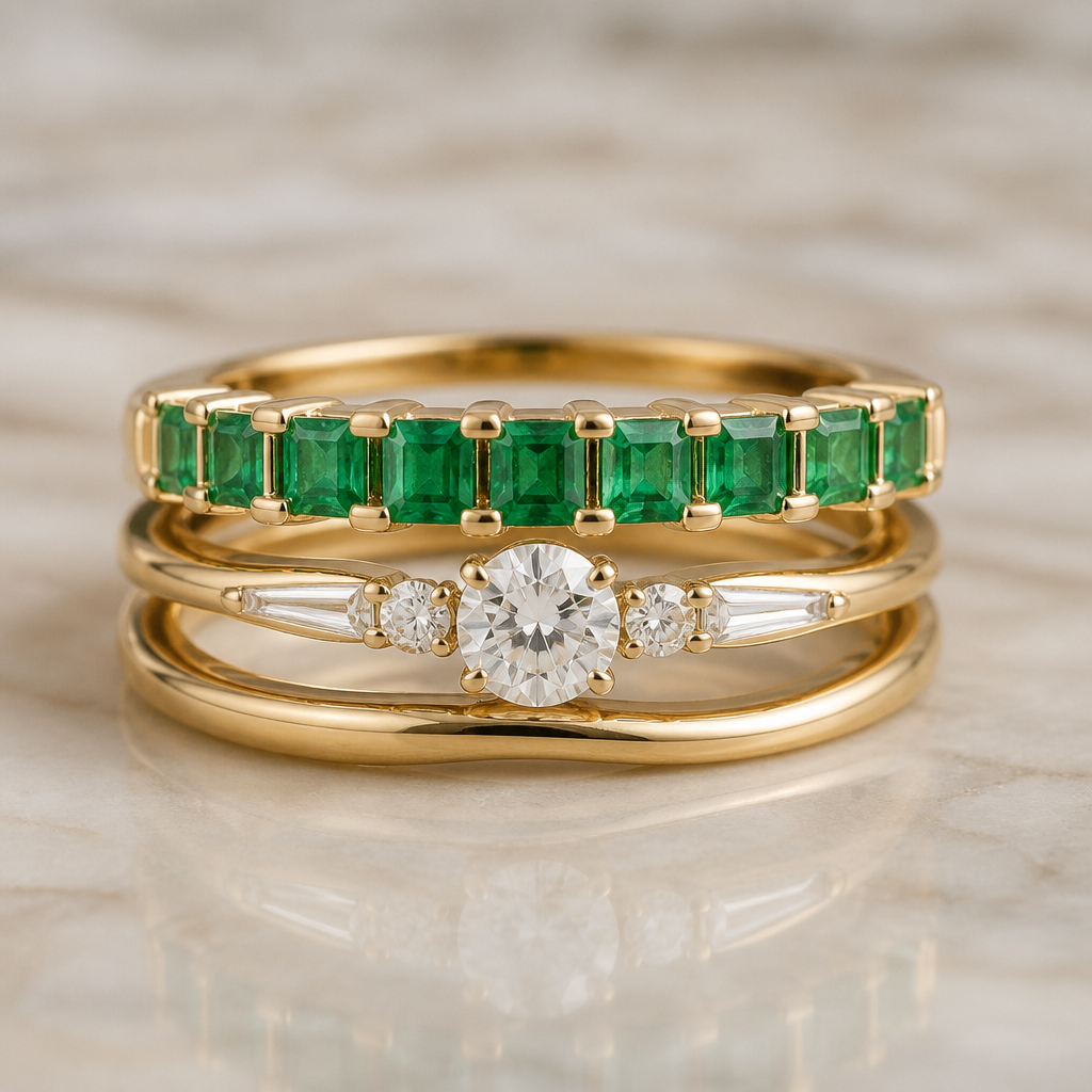 I want to take my wedding ring, my emerald band, and the stones form these gold hoop earring and make it into a ring
photorealistic jewelry design, I want to take my wedding ring, my emerald band, and the stones form these gold hoop earring and make it into a ring, just the design no text
