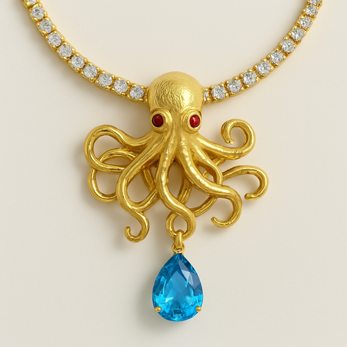 Yellow gold tennis necklace with oculus tangled in it with pear blue topaz dripping off octopus add Ruby eyes 