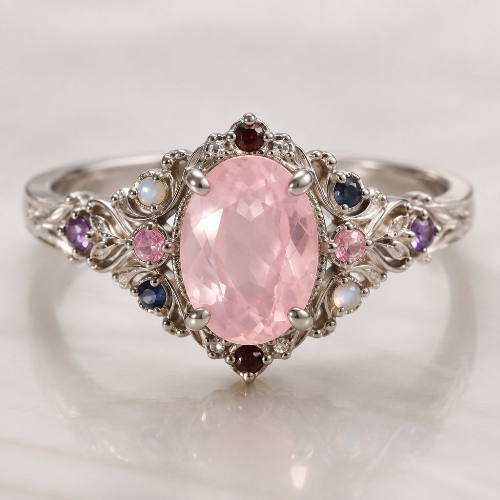 A retro women's ring made of white gold suitable for wedding. colorful wedding ring with love gems like rose quartz, rhodonite, lapis lazuli, garnet, moonstone, and amethyst. with rose quartz being the main stone and the others much smaller
photorealistic jewelry design, A retro women's ring made of white gold suitable for wedding. colorful wedding ring with love gems like rose quartz, rhodonite, lapis lazuli, garnet, moonstone, and amethyst. with rose quartz being the main stone and the others much smaller, retro style, just the design no text