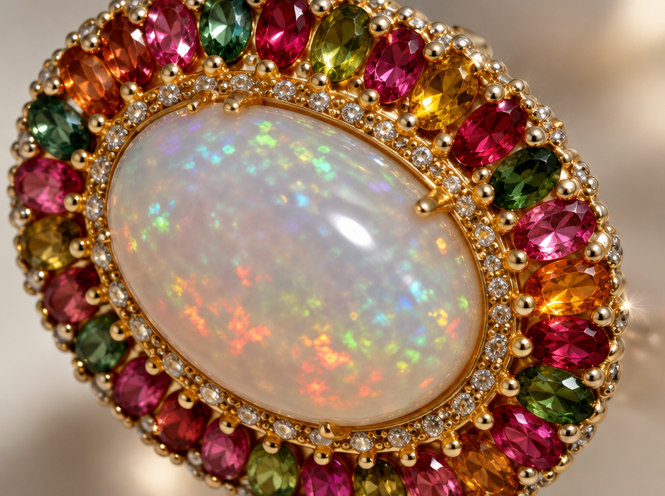Jewelry photoshoot (macro)
Show the jewelry piece from the image in an extreme macro close-up, every facet and detail sharp, light sparkling off the stones. Reproduce the jewelry's exact design, metal, stones and details faithfully. Photorealistic, no text.