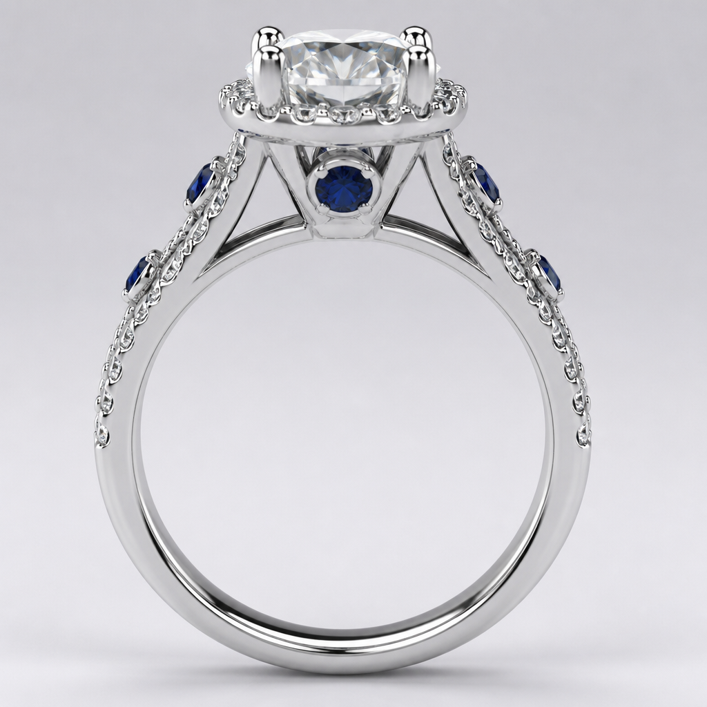 A cathedral women's ring made of white gold with diamond and sapphire stones suitable for wedding
photorealistic jewelry design, A cathedral women's ring made of white gold with diamond and sapphire stones suitable for wedding, cathedral style, just the design no text