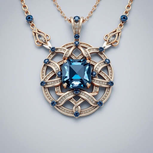 a Celtic knot shaped 50 carat asscher-cut  gemstone and Navette-cut blue sapphire gemstone, FL IF clarity necklace