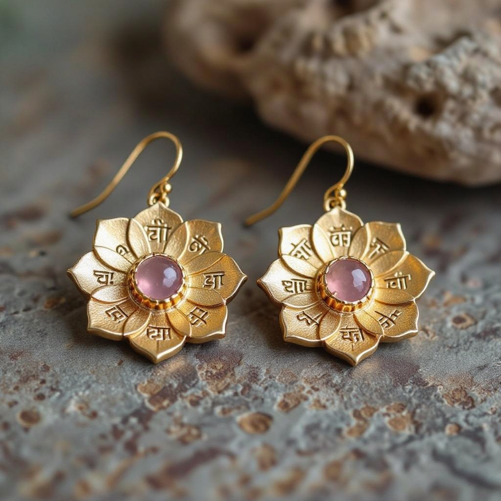 Gold-colored matte ring earrings. The diameter is 1 cm. Pendant in the form of a flat lotus with 6 petals. In the center of the lotus is a rose quartz stone. There are mantras in Sanskrit in small print on the petals.