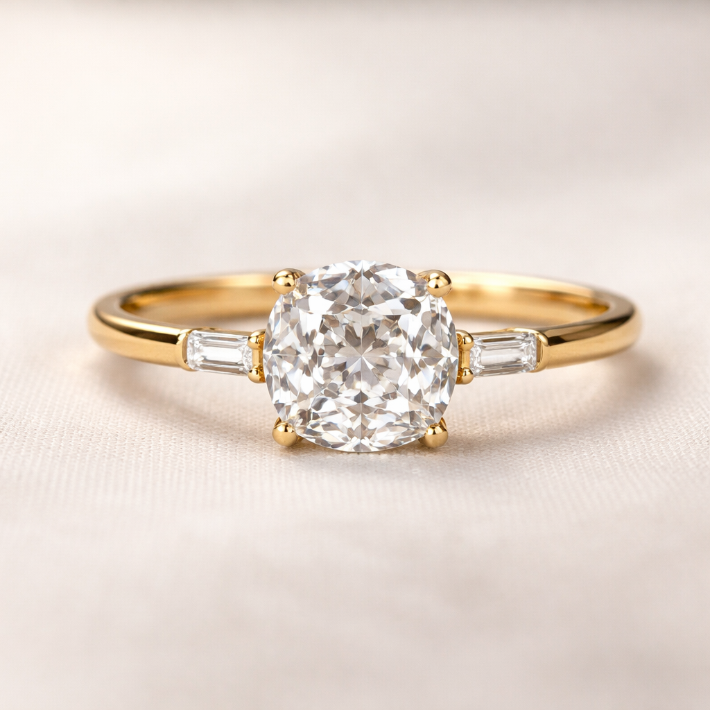 Gold band not thick but not thin. 2.5 carat old mine diamond. 2 very small baguettes