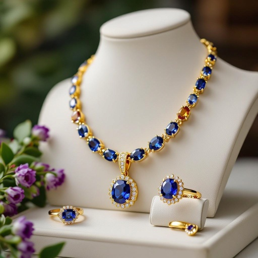 Necklace and ring and earring with colorful sapphire with gold