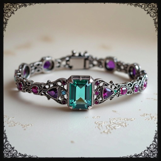 Bracelet; 1 large Emerald Cut Tanzanite stone in middle; 1 small round cut garnet; 1 small round cut zircon; 1 small triangle cut amethyst; 1 small triangle cut ruby