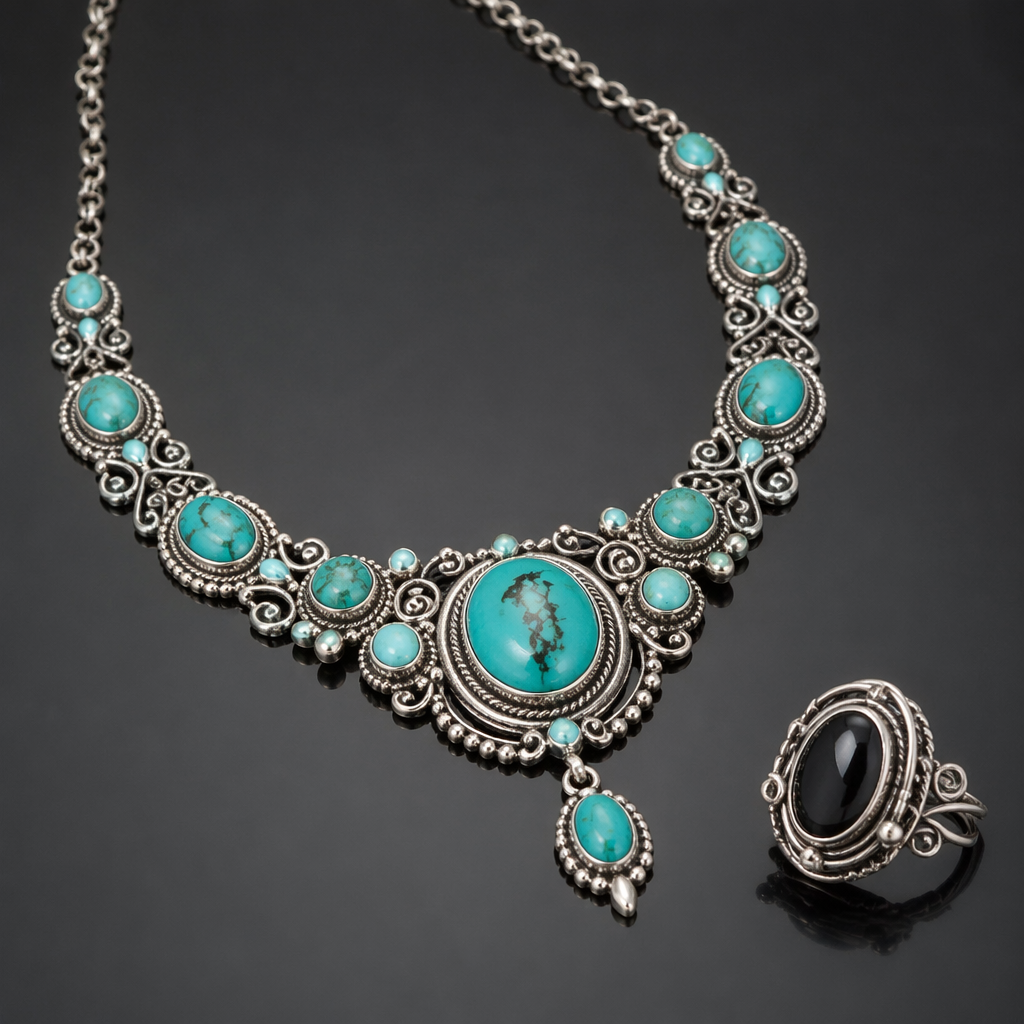 A vintage women's necklace made of silver with turquoise stones suitable for party. Un anillo ovalado, con una onix o al y encima cubierto con hilos de plata
photorealistic jewelry design, A vintage women's necklace made of silver with turquoise stones suitable for party. Un anillo ovalado, con una onix o al y encima cubierto con hilos de plata, vintage style, just the design no text