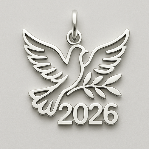 Silver cut-out charm blending together two spread out wings of a bird, an olive branch and  along year 2026