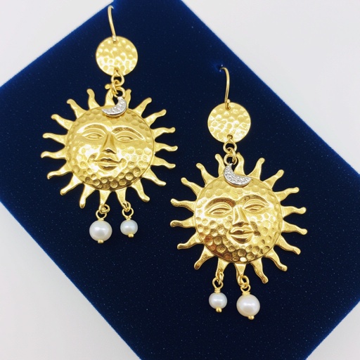 Золотые серьги словно мятое золото в форме солнца с волнистыми лучами крепится к застежке серьги. К нижней части солнца крепятся подвески: миниатюрная серебристая луна, очень маленький жемчуг и маленький золотой кружочек с мятым эффектом плоский