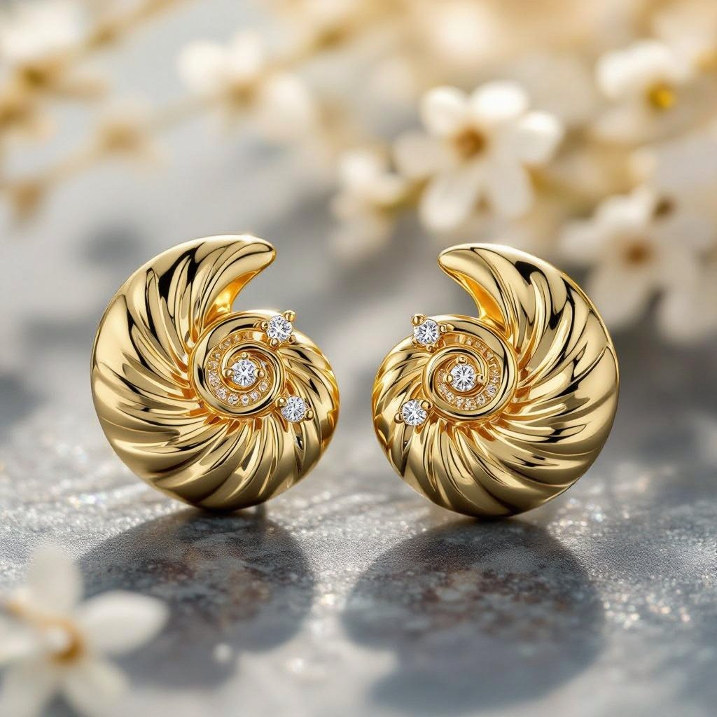 Золотые серьги в виде золотой спиральной ракушки украшенной тремя маленькими камнями 