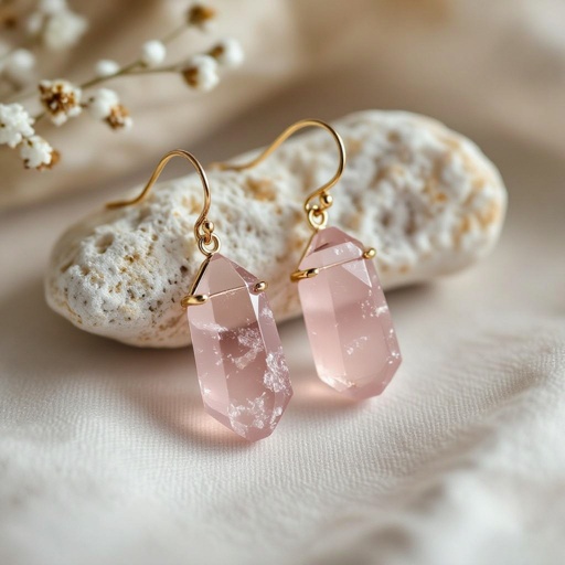 Серьги матовое золото с эффектом неровности Необработанный бледно розовый кварц в виде длинного кристалла