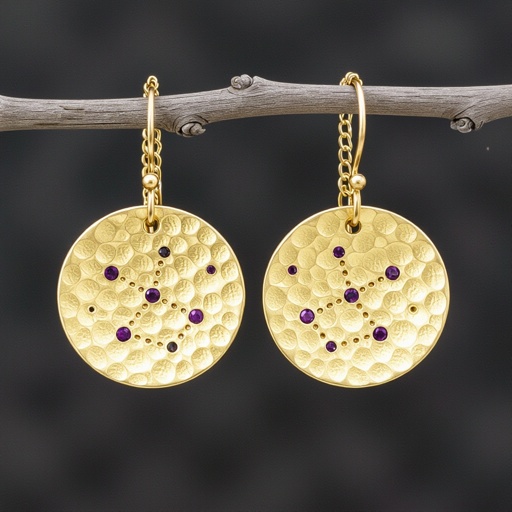 Серьги длинные на цепочках матовое золото мятое. Символ схематично созвездие. Маленькие фиолетовые камушки