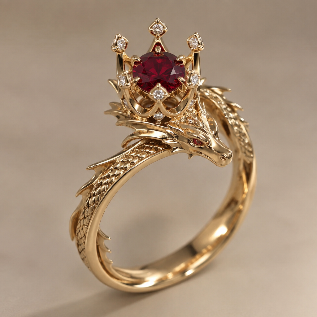 A modern women's ring made of gold with ruby and diamond stones suitable for engagement. un delicado anillo con una corona y en medio un Rubí en el centro y en las puntas de la corona diamantes pequeños y para que rodee el dedo un dragón sencillo
photorealistic jewelry design, A modern women's ring made of gold with ruby and diamond stones suitable for engagement. un delicado anillo con una corona y en medio un Rubí en el centro y en las puntas de la corona diamantes pequeños y para que rodee el dedo un dragón sencillo, modern style, just the design no text