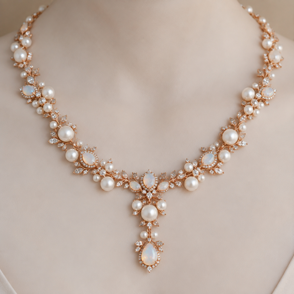 A pearl-adorned women's necklace made of rose gold with pearl and opal stones suitable for wedding
photorealistic jewelry design, A pearl-adorned women's necklace made of rose gold with pearl and opal stones suitable for wedding, pearl_adorned style, just the design no text