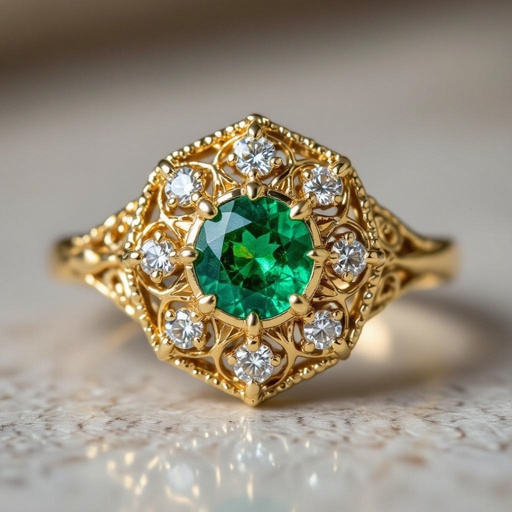 Anillo en oro con esmeralda trapiche con redonda y solo seis diamantes al rededor que forme un hexágono en el metal