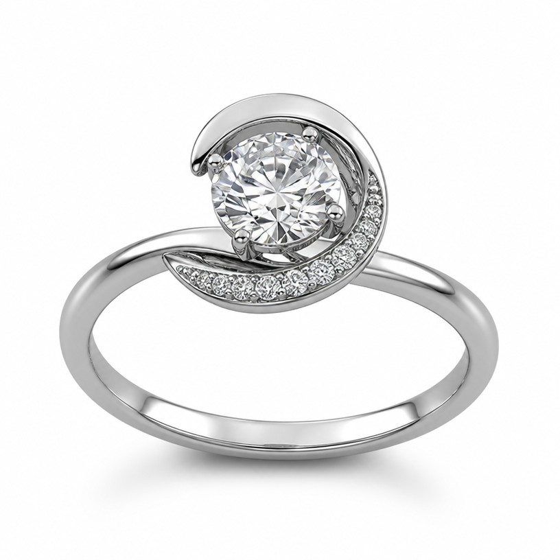 A minimalist women's ring made of silver with diamond stones suitable for engagement
using the attached image as a visual reference, create A minimalist women's ring made of silver with diamond stones suitable for engagement. photorealistic, just the design no text
