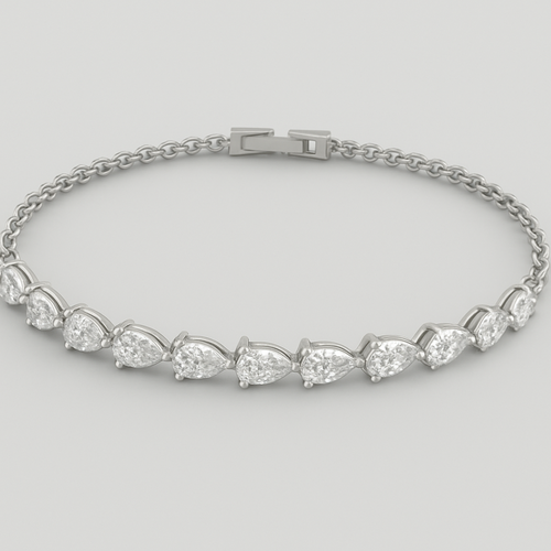 CAD model of a delicate tennis bracelet with pear-shaped diamonds laying on their sides, all pointing left. Each teardrop diamond is set horizontally along a thin white gold chain, forming a smooth continuous flow. Small elegant proportions, precise prong settings, evenly spaced stones, realistic curvature around the wrist. Designed for fine jewelry production.”