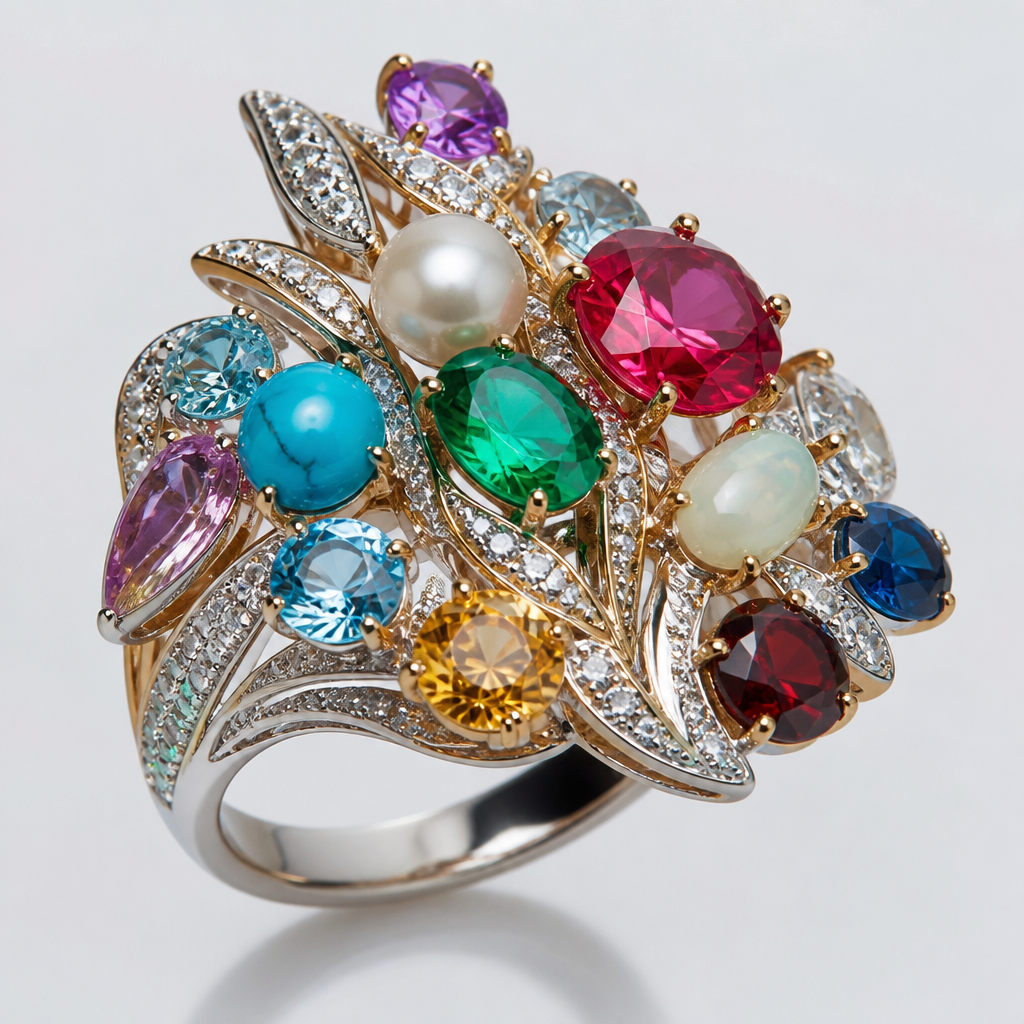 A women's ring made of mixed metal with diamond and ruby and sapphire and emerald and pearl and amethyst and opal and turquoise and aquamarine and garnet and topaz stones. **Pavé:** Tiny diamonds set closely together, creating a continuous sparkle that enhances the center 𝕤𝕥𝕠𝕟𝕖
photorealistic jewelry design, A women's ring made of mixed metal with diamond and ruby and sapphire and emerald and pearl and amethyst and opal and turquoise and aquamarine and garnet and topaz stones. **Pavé:** Tiny diamonds set closely together, creating a continuous sparkle that enhances the center 𝕤𝕥𝕠𝕟𝕖, modern style, just the design no text