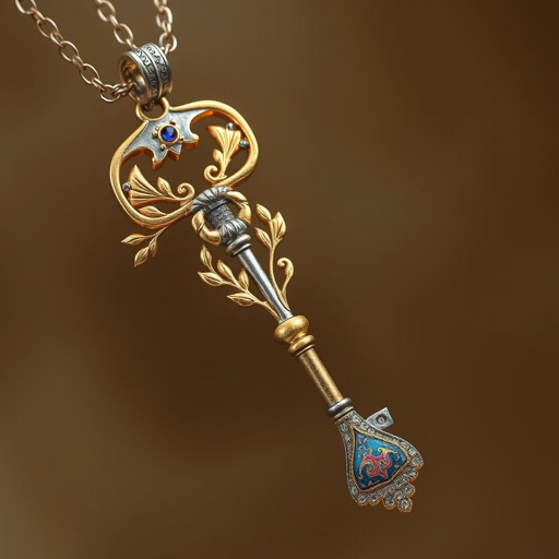 Old skeleton key shape gold and silver tones with olive branch turning on leg and keffieh print on the tip