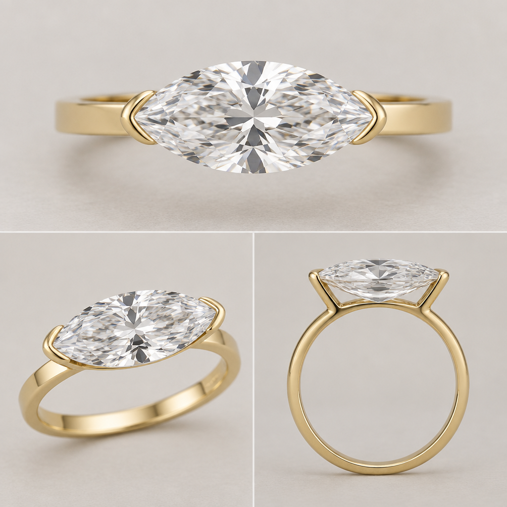A women's ring. Design a high-end, minimalist yellow-gold solitaire ring using ONE specific diamond: a 1.90 carat laboratory-grown marquise diamond, E color, VS2 clarity, measuring exactly 12.81 × 6.39 × 4.11 mm.
The marquise must be oriented EAST–WEST (horizontal across the finger), never north–south. Preserve the long, narrow proportions of a 12.81 × 6.39 mm marquise. Do not change the diamond shape, proportions, or size.
Mount it on a very thin, approximately 2 mm flat yellow-gold band intended for everyday wear.
Create a low-profile floating/open setting: the diamond should visually appear to hover just above the band, with the minimum amount of visible metal possible. Use delicate structural support underneath the stone and/or extremely fine gold rails/partial half-bezel contacts at the marquise's sides. The support must be physically connected to the band and capable of being fabricated by a professional jeweler.
The diamond should remain the overwhelming visual focus. No halo, no accent diamonds, no pavé, no decorative shoulders, no large basket, no bulky prongs, no cathedral arches, and no ornate bridal styling.
The band should remain a clean, continuous 2 mm flat yellow-gold solitaire band.
Important: This ring is being designed as one of four independent solitaire rings that may eventually be worn in interchangeable two-ring stacks. Therefore, keep the setting narrow laterally, smooth, and stack-friendly, with no protruding notches, puzzle-piece mechanisms, locking hardware, or wide metal blocks extending beside the diamond.
The finished ring should look like contemporary independent fine jewelry / architectural minimalism, not a conventional engagement ring.
Show the ring from:
1. straight-on top view,
2. three-quarter view,
3. side profile showing the actual elevation and structural connection between the diamond and the 2 mm band.
Do not add, remove, substitute, rotate, or reinterpret the diamond. There must be exactly ONE horizontal marquise diamond.
“The diamond should visually appear to hover just above the band, but the support must be physically connected to the band and capable of being fabricated by a professional jeweler.”
And for this particular stone, I'd start with the open/rail version rather than a full bezel. The 12.81 mm length is the star; enclosing too much of it in gold will make the stone look smaller.
photorealistic jewelry design, A women's ring. Design a high-end, minimalist yellow-gold solitaire ring using ONE specific diamond: a 1.90 carat laboratory-grown marquise diamond, E color, VS2 clarity, measuring exactly 12.81 × 6.39 × 4.11 mm.
The marquise must be oriented EAST–WEST (horizontal across the finger), never north–south. Preserve the long, narrow proportions of a 12.81 × 6.39 mm marquise. Do not change the diamond shape, proportions, or size.
Mount it on a very thin, approximately 2 mm flat yellow-gold band intended for everyday wear.
Create a low-profile floating/open setting: the diamond should visually appear to hover just above the band, with the minimum amount of visible metal possible. Use delicate structural support underneath the stone and/or extremely fine gold rails/partial half-bezel contacts at the marquise's sides. The support must be physically connected to the band and capable of being fabricated by a professional jeweler.
The diamond should remain the overwhelming visual focus. No halo, no accent diamonds, no pavé, no decorative shoulders, no large basket, no bulky prongs, no cathedral arches, and no ornate bridal styling.
The band should remain a clean, continuous 2 mm flat yellow-gold solitaire band.
Important: This ring is being designed as one of four independent solitaire rings that may eventually be worn in interchangeable two-ring stacks. Therefore, keep the setting narrow laterally, smooth, and stack-friendly, with no protruding notches, puzzle-piece mechanisms, locking hardware, or wide metal blocks extending beside the diamond.
The finished ring should look like contemporary independent fine jewelry / architectural minimalism, not a conventional engagement ring.
Show the ring from:
1. straight-on top view,
2. three-quarter view,
3. side profile showing the actual elevation and structural connection between the diamond and the 2 mm band.
Do not add, remove, substitute, rotate, or reinterpret the diamond. There must be exactly ONE horizontal marquise diamond.
“The diamond should visually appear to hover just above the band, but the support must be physically connected to the band and capable of being fabricated by a professional jeweler.”
And for this particular stone, I'd start with the open/rail version rather than a full bezel. The 12.81 mm length is the star; enclosing too much of it in gold will make the stone look smaller., modern style, just the design no text