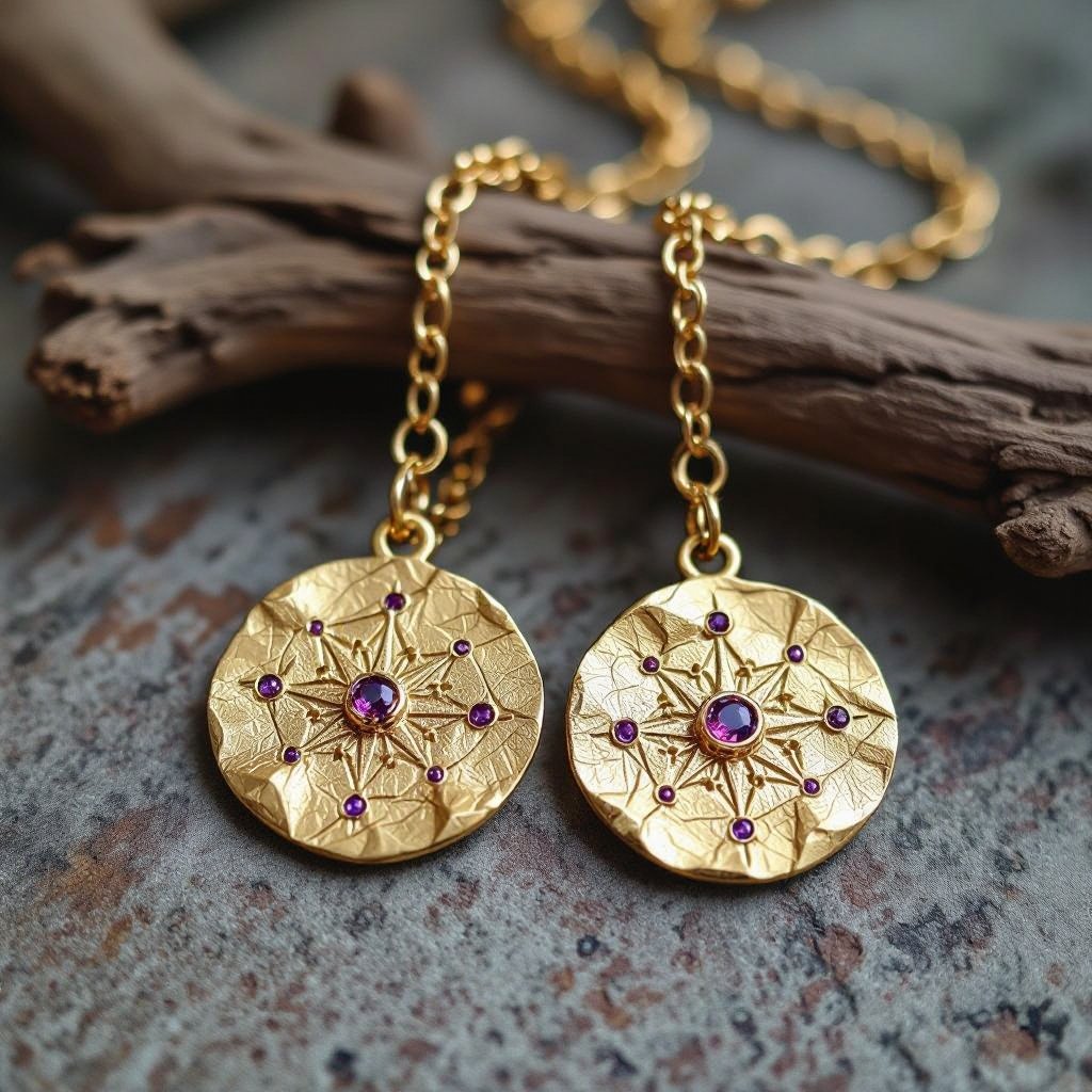 Серьги длинные на цепочках матовое золото мятое. Символ схематично созвездие. Маленькие фиолетовые камушки