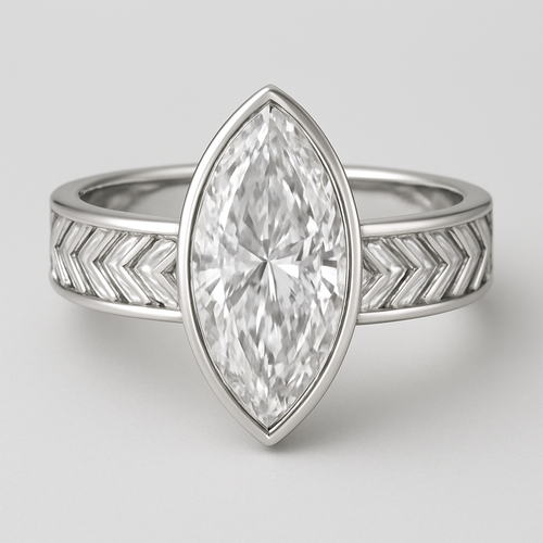 Bezel set 6 carat marquise diamond center stone with baguette diamonds in a herringbone pattern in the band