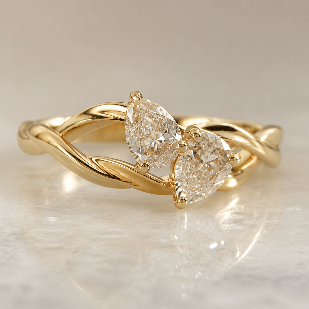 Gold twisted braid band with 2 carrot diamond pear shaped
photorealistic jewelry design, Gold twisted braid band with 2 carrot diamond pear shaped , modern style, just the design no text